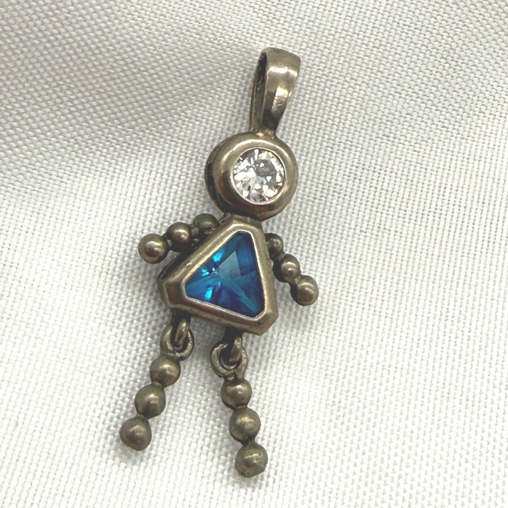 Vintage Sterling Silver September Birthstone Girl Crystal Pendant Blue CZ Charm